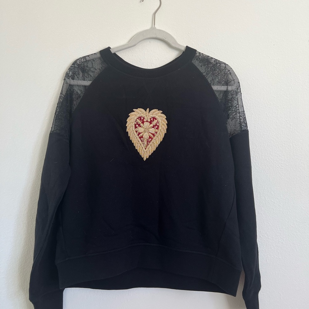 The Kooples Black Sweatshirt with Lace and Heart Design